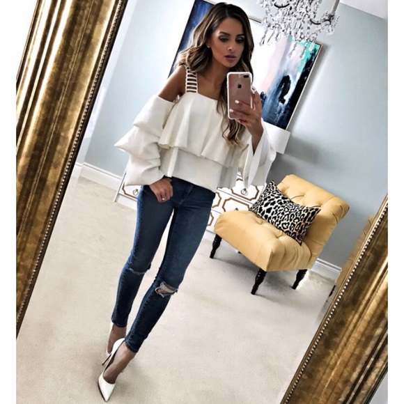 Moon River Tops - JOA Moon River White Cold Shoulder Ruffle Top M